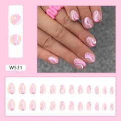 24pcs Nude Pink Glitter Swirl Line Press On Nails for Women and Girls