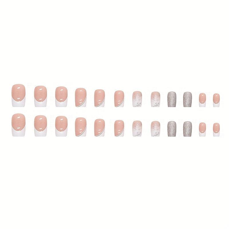 24pcs Pink Glitter French Tips Press On Nails Medium Square False Nails