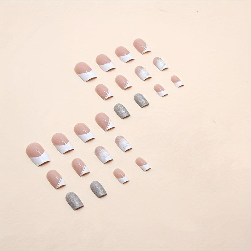 24pcs Pink Glitter French Tips Press On Nails Medium Square False Nails