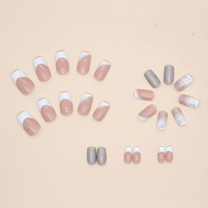 24pcs Pink Glitter French Tips Press On Nails Medium Square False Nails