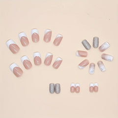 24pcs Pink Glitter French Tips Press On Nails Medium Square False Nails