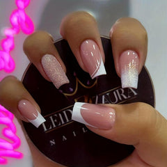 24pcs Pink Glitter French Tips Press On Nails Medium Square False Nails