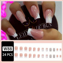 24pcs Pink Glitter French Tips Press On Nails Medium Square False Nails