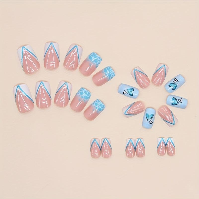 24pcs Glitter Heart Love French Square Press On Nails