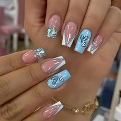 24pcs Glitter Heart Love French Square Press On Nails