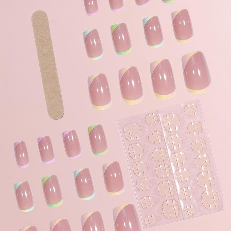 24 Nude Pink French Tip Press On Nails Medium Coffin Shape with Glue Sticker