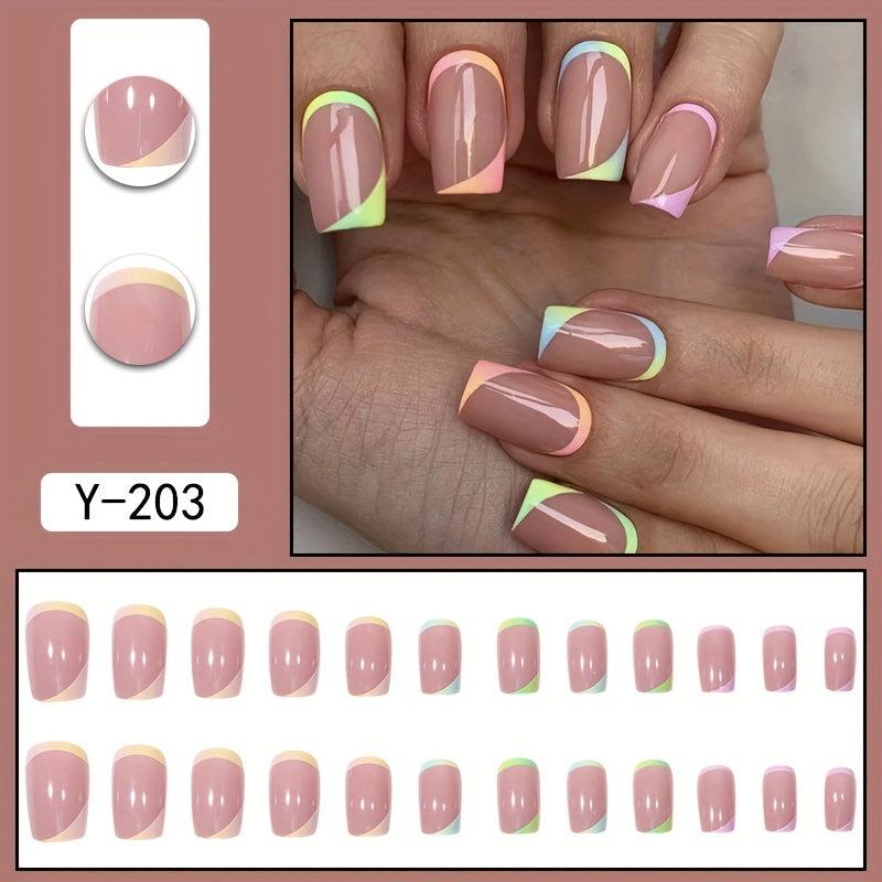 24 Nude Pink French Tip Press On Nails Medium Coffin Shape with Glue Sticker