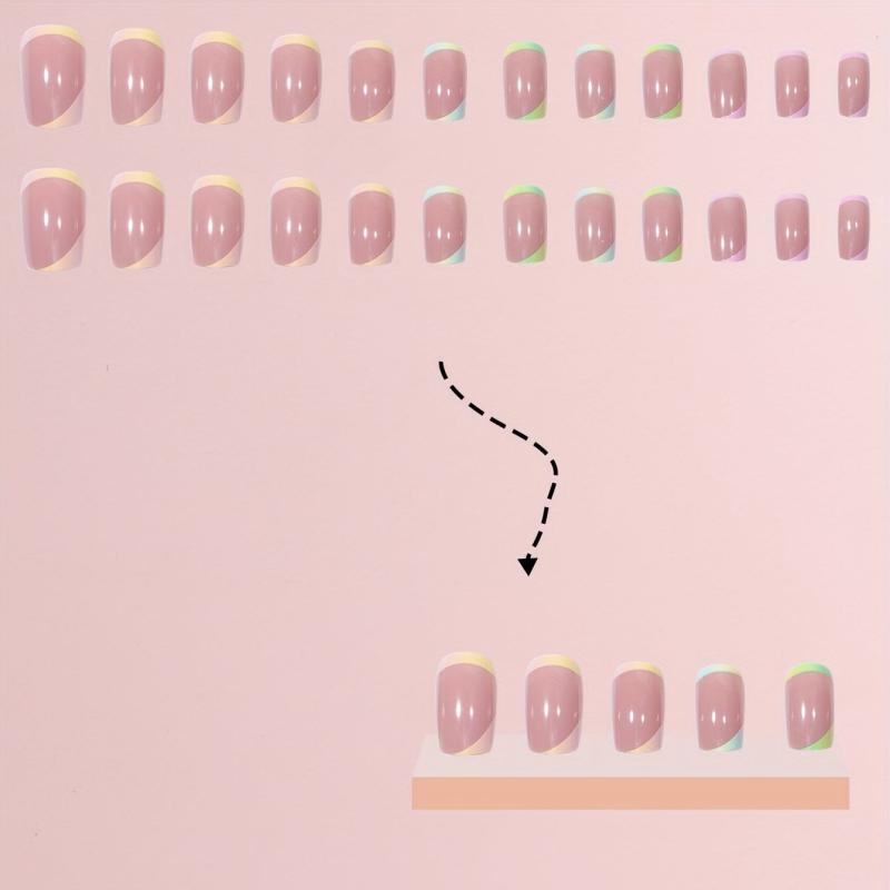 24 Nude Pink French Tip Press On Nails Medium Coffin Shape with Glue Sticker