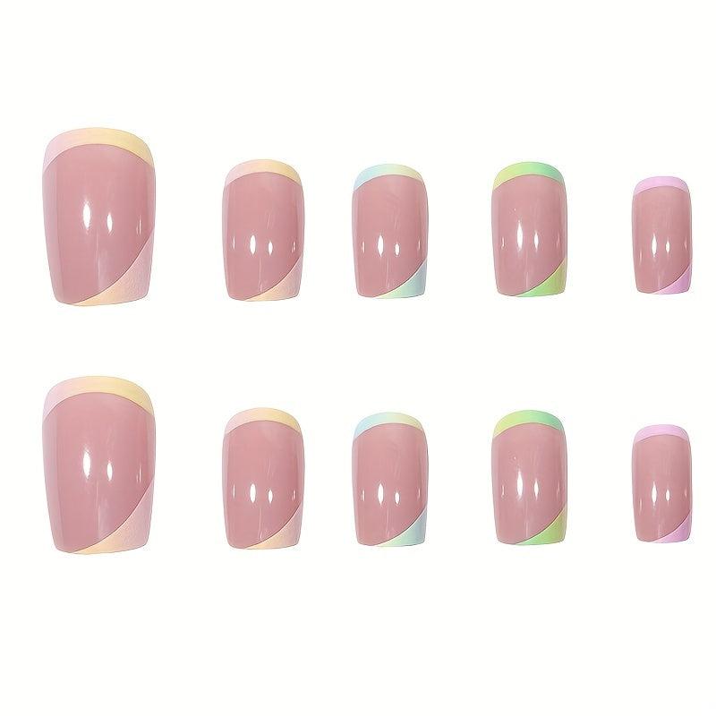 24 Nude Pink French Tip Press On Nails Medium Coffin Shape with Glue Sticker