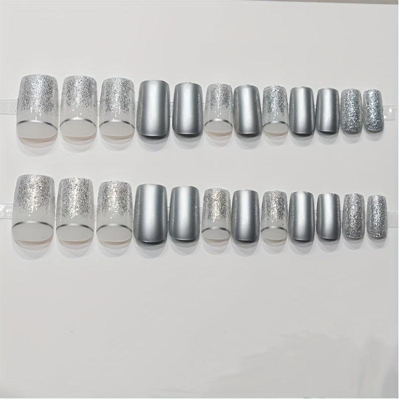 24pcs Silver Reflective Mirror Press On Nails with Glitter Designs