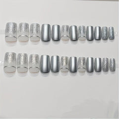 24pcs Silver Reflective Mirror Press On Nails with Glitter Designs