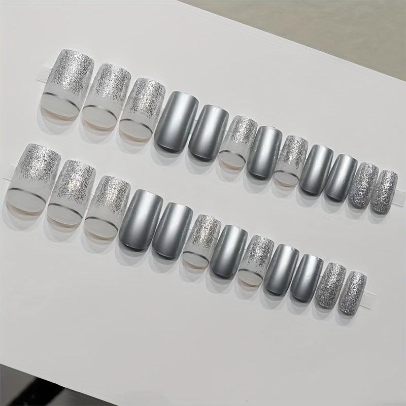 24pcs Silver Reflective Mirror Press On Nails with Glitter Designs