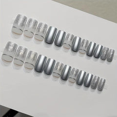24pcs Silver Reflective Mirror Press On Nails with Glitter Designs