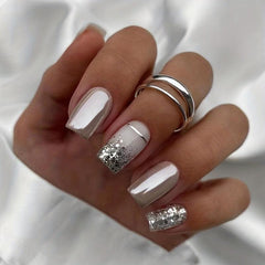 24pcs Silver Reflective Mirror Press On Nails with Glitter Designs