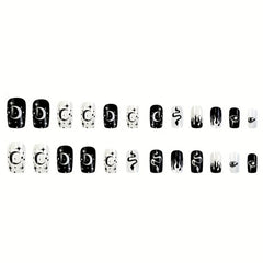 24pcs Moon Star & Snake Press On Nails, Halloween Glossy Stick On Nails