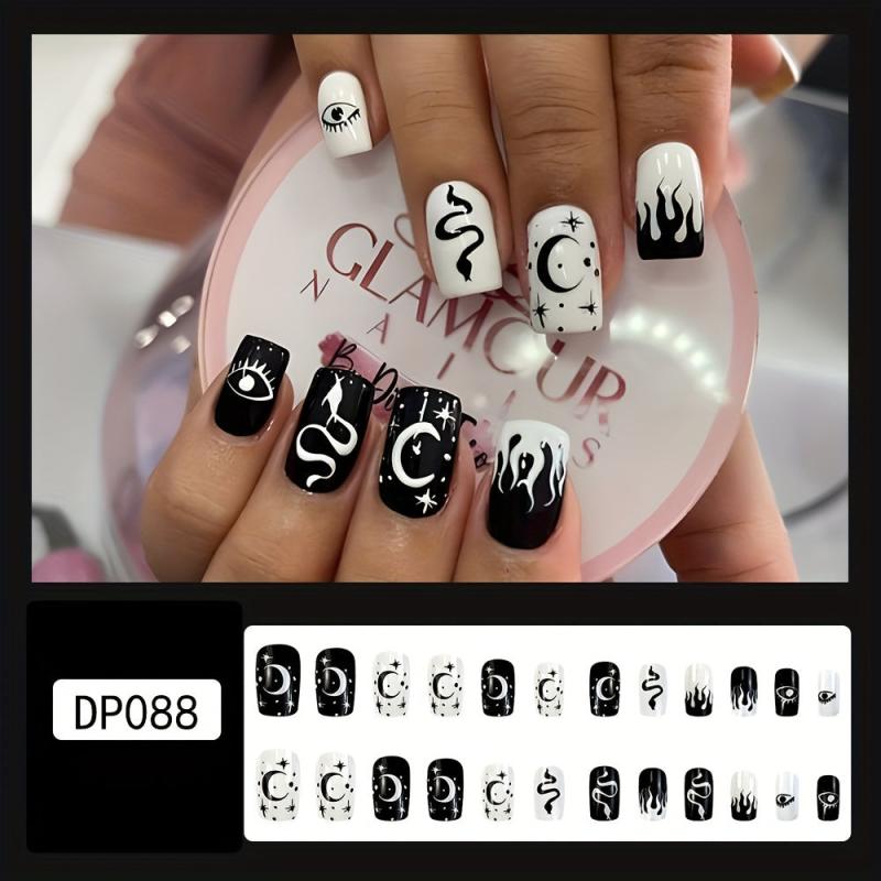 24pcs Moon Star & Snake Press On Nails, Halloween Glossy Stick On Nails