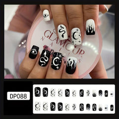 24pcs Moon Star & Snake Press On Nails, Halloween Glossy Stick On Nails