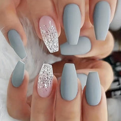 24pcs Grey Ballerina Press On Nails with Glitter and Nail File