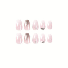 Gradient Pink French Tip Press On Nails with Glitter and Rhinestones