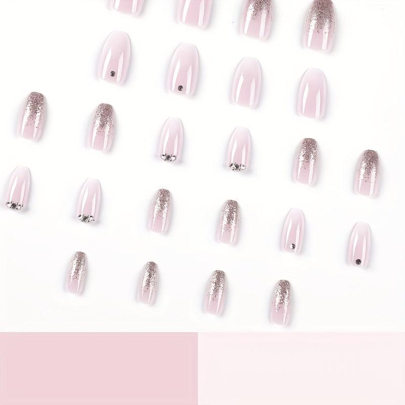 Gradient Pink French Tip Press On Nails with Glitter and Rhinestones