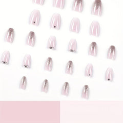 Gradient Pink French Tip Press On Nails with Glitter and Rhinestones