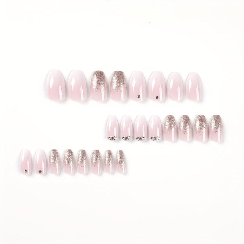 Gradient Pink French Tip Press On Nails with Glitter and Rhinestones