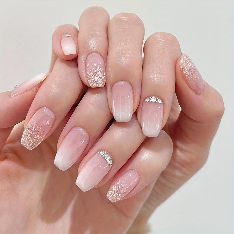 Gradient Pink French Tip Press On Nails with Glitter and Rhinestones