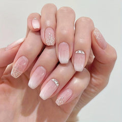 Gradient Pink French Tip Press On Nails with Glitter and Rhinestones