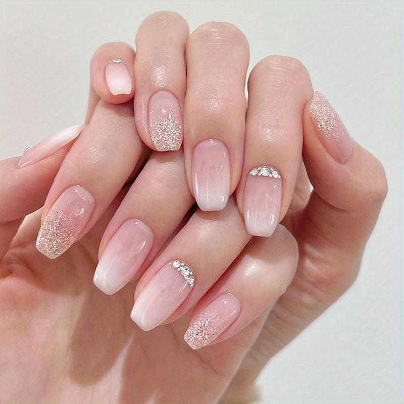 Gradient Pink French Tip Press On Nails with Glitter and Rhinestones