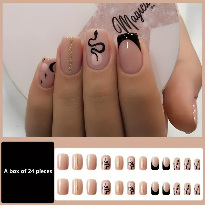 24pcs Snake Moon Tip Press On Nails Glue Sticker File