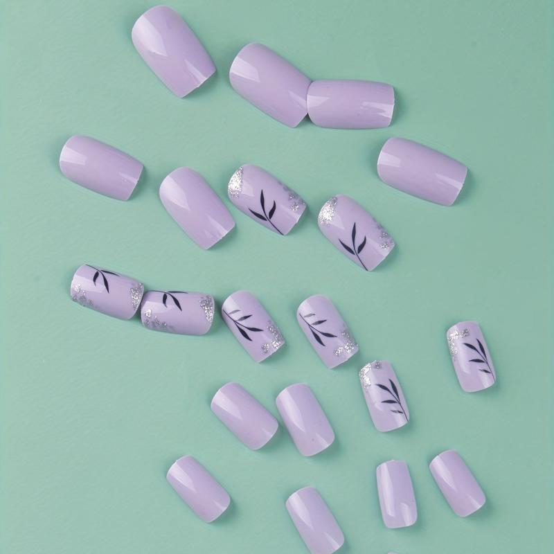 24pcs Glossy Flower Press On Nails with Glitter and Sequins