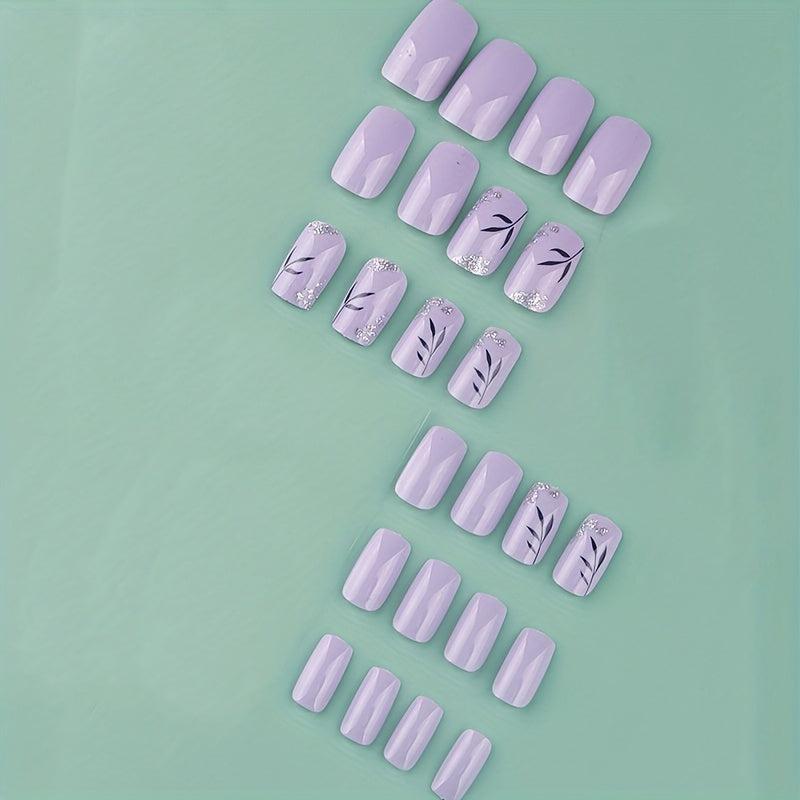24pcs Glossy Flower Press On Nails with Glitter and Sequins