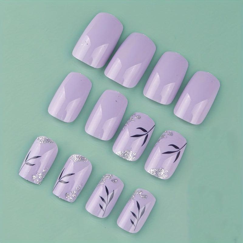 24pcs Glossy Flower Press On Nails with Glitter and Sequins