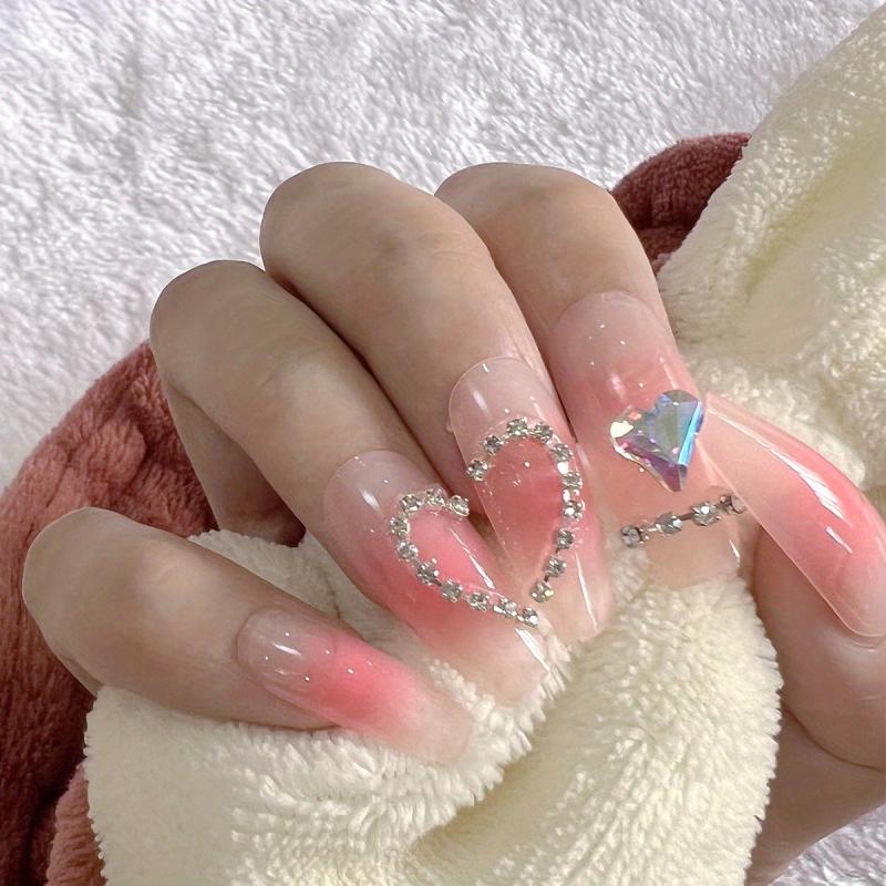 Pink Acrylic Press On Nails with Gems Full Cover False Nails for Women