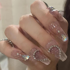 Pink Acrylic Press On Nails with Gems Full Cover False Nails for Women