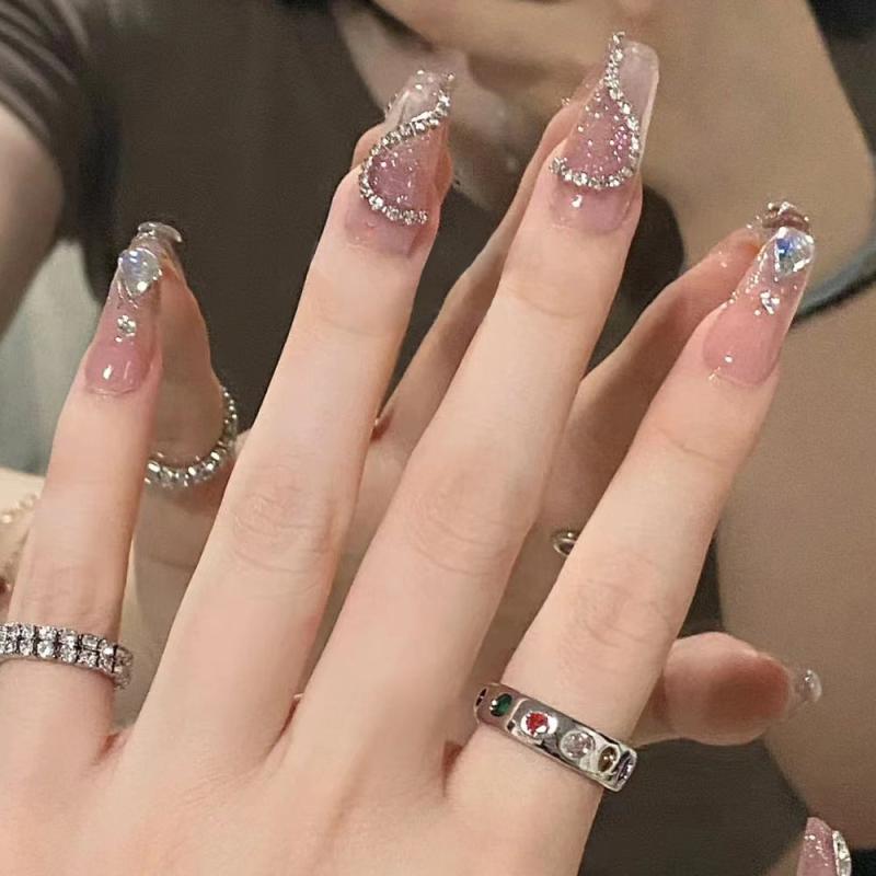 Pink Acrylic Press On Nails with Gems Full Cover False Nails for Women