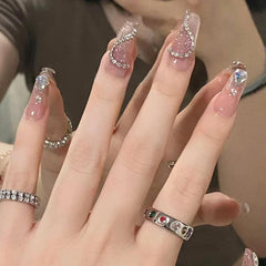 Pink Acrylic Press On Nails with Gems Full Cover False Nails for Women