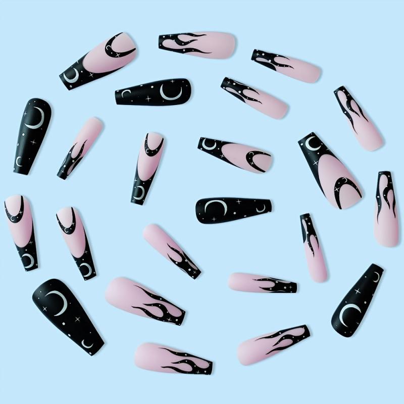 Y2K Moon Star Pattern Long Coffin False Nails Pink Press On Acrylic Matte