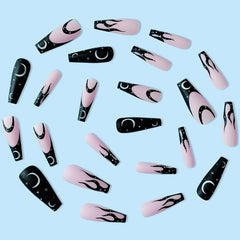 Y2K Moon Star Pattern Long Coffin False Nails Pink Press On Acrylic Matte