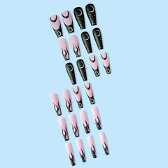 Y2K Moon Star Pattern Long Coffin False Nails Pink Press On Acrylic Matte