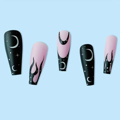 Y2K Moon Star Pattern Long Coffin False Nails Pink Press On Acrylic Matte
