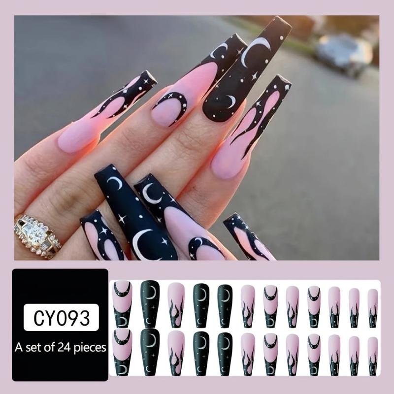 Y2K Moon Star Pattern Long Coffin False Nails Pink Press On Acrylic Matte