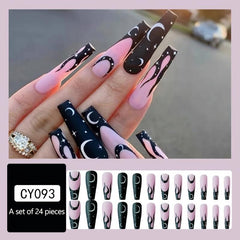Y2K Moon Star Pattern Long Coffin False Nails Pink Press On Acrylic Matte
