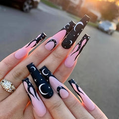 Y2K Moon Star Pattern Long Coffin False Nails Pink Press On Acrylic Matte