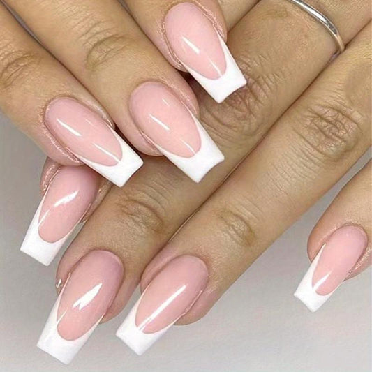 24pcs Glossy Pink Press On Nails French Edge Medium Square Coffin False Nails