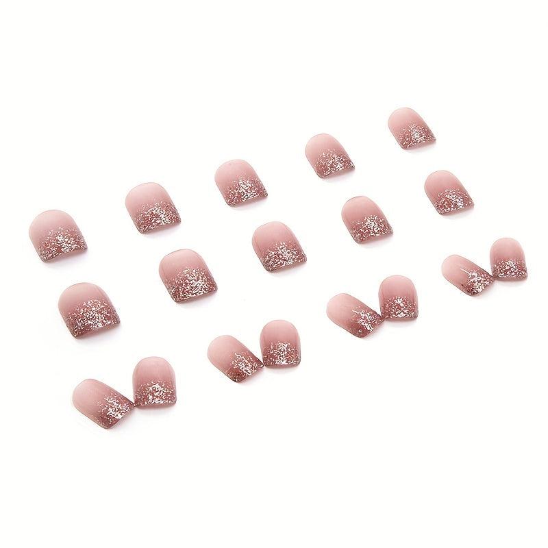 Pink Glitter Square Press On Nails Full Cover Acrylic Kit
