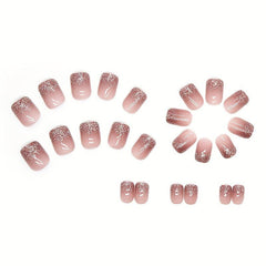 Pink Glitter Square Press On Nails Full Cover Acrylic Kit