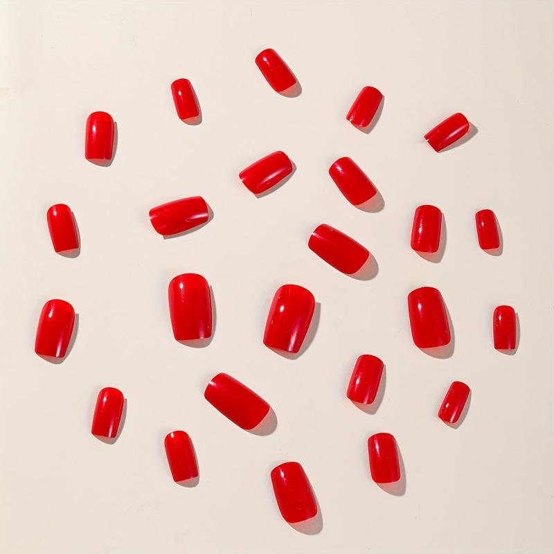 24pcs Red Full Coverage Short Square False Nails For Women