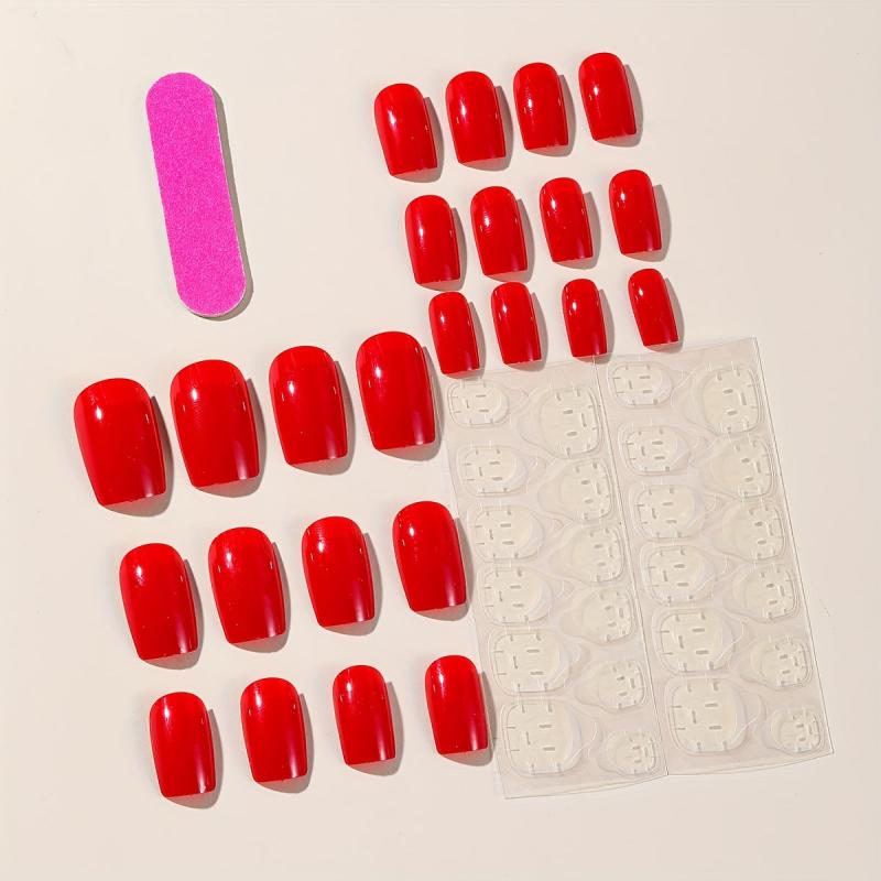 24pcs Red Full Coverage Short Square False Nails For Women