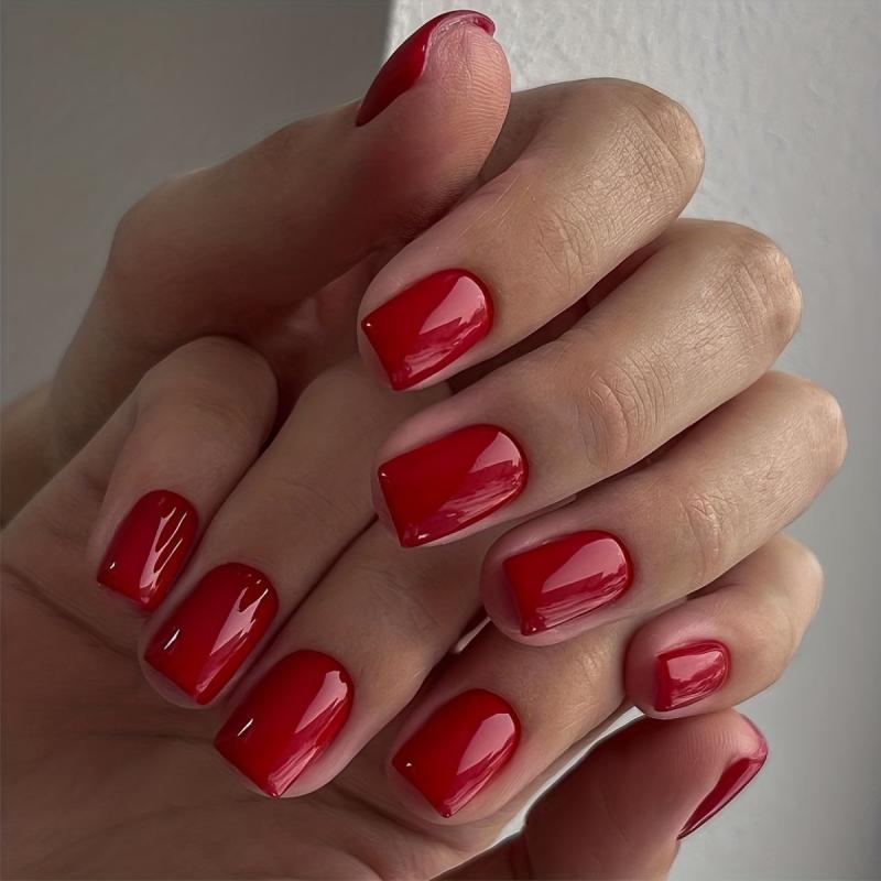 24pcs Red Full Coverage Short Square False Nails For Women